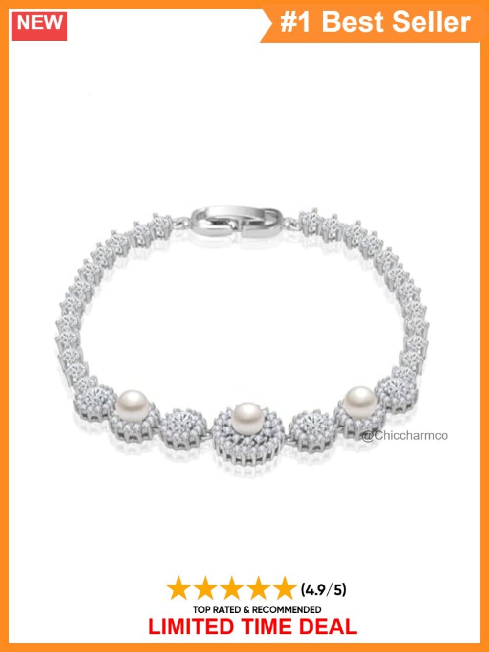 14K White Gold Freshwater Pearl Moissanite Link Bracelet Handmade Gift